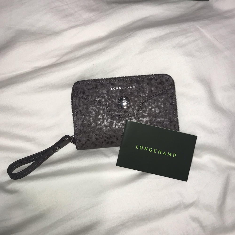 Grey leather Longchamp Paris wristlet wallet